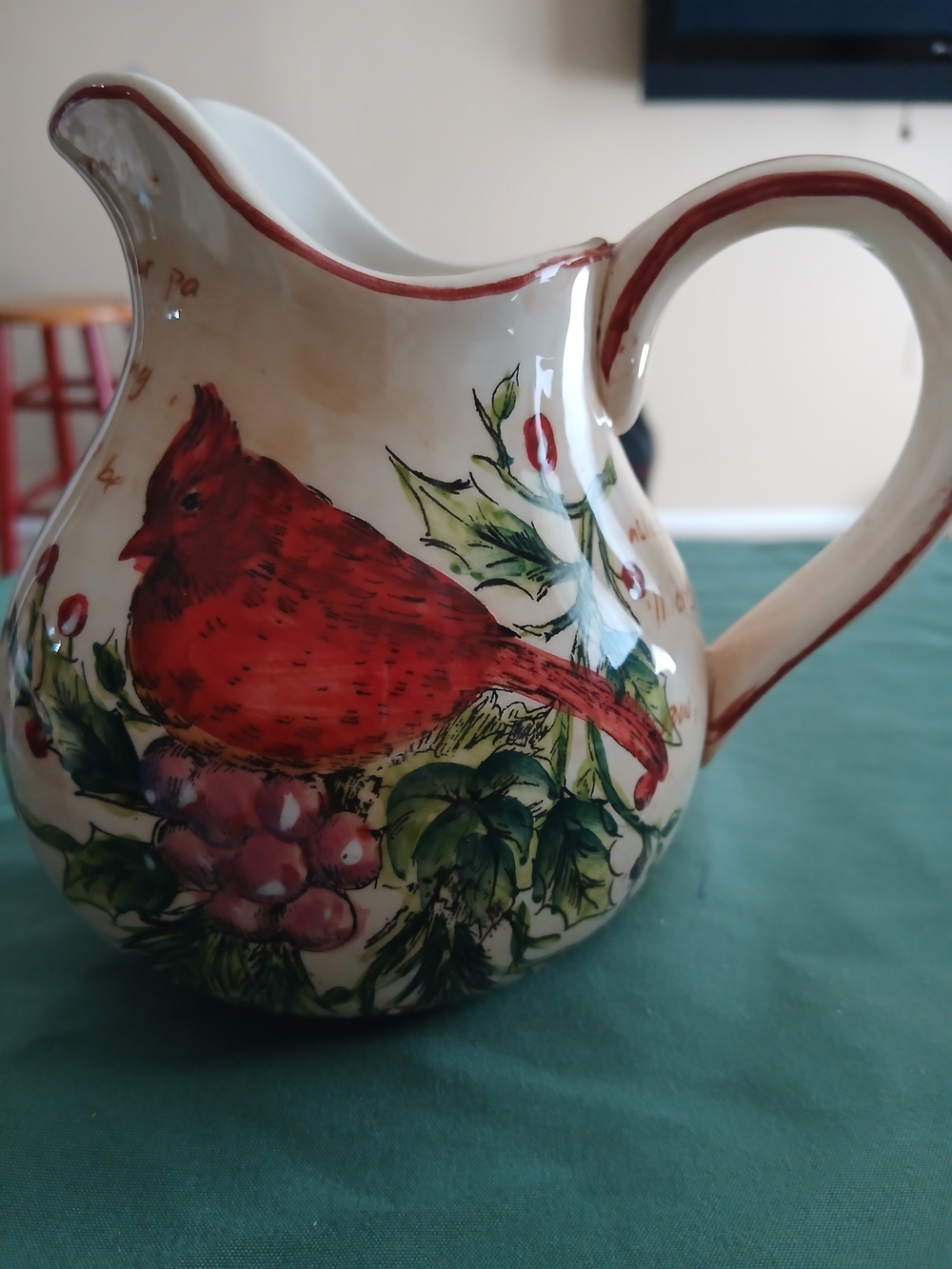 Handpainted Ceramic Pitcher with Red Cardinal Motif